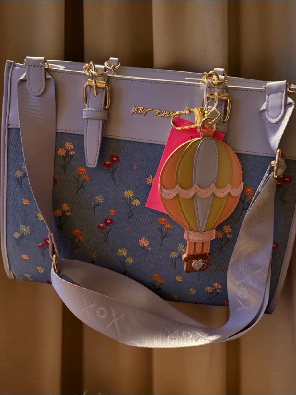 Betsey Johnson Denim Floral Satchel with Pastel Hot Air Balloon Charm NWT - Picture 3 of 7